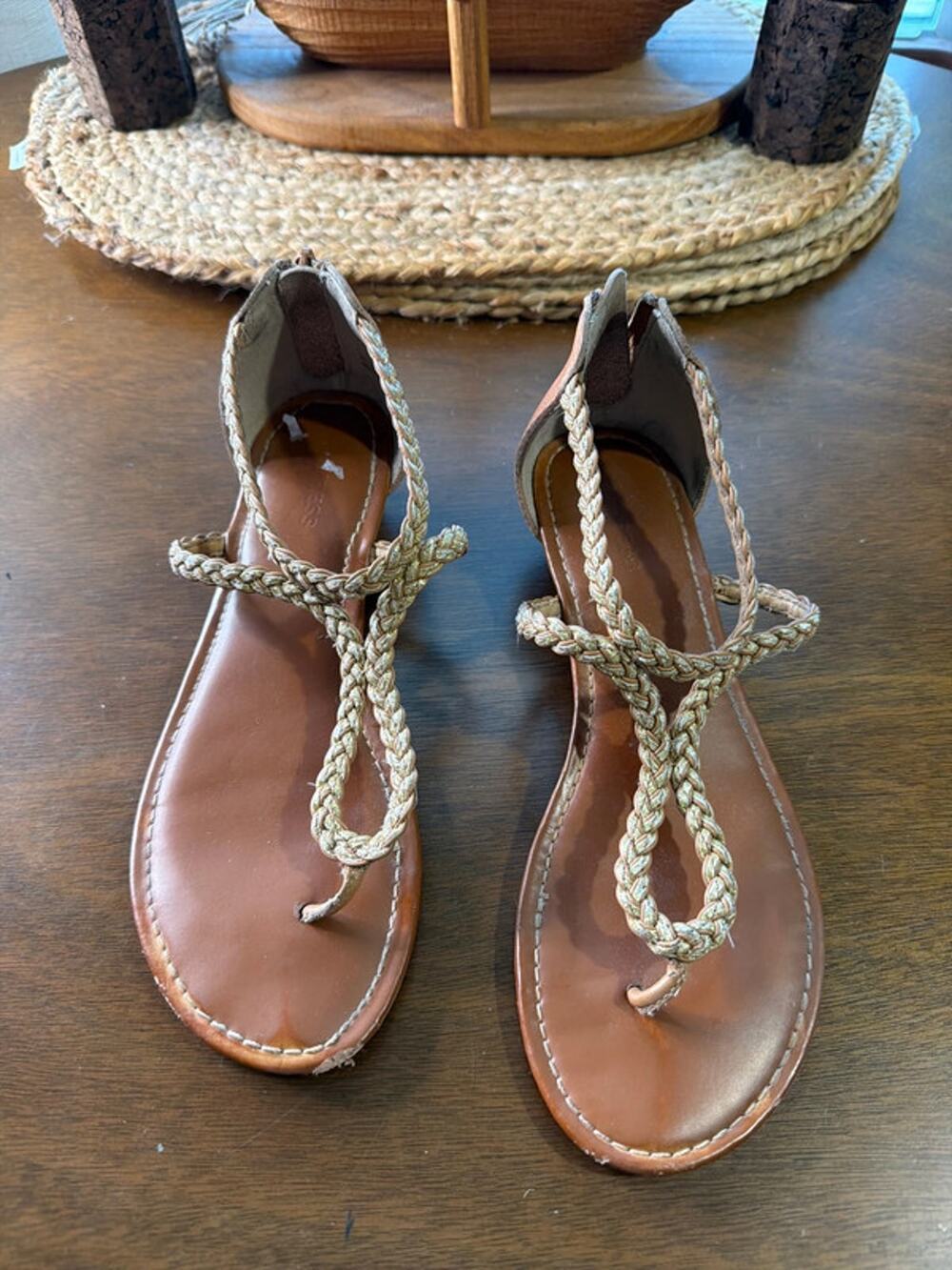 3 for $9 Express tan wedge, sandals rope thong 7 587